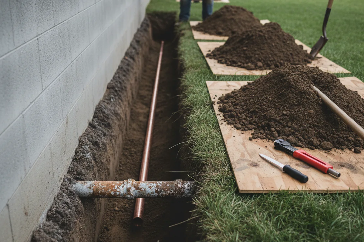 Excavated water line trench during Sewer Line Repair in Hazleton